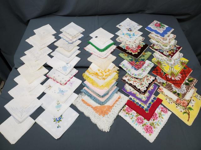 Group of 50 Vintage Handkerchiefs - C: Group of 50 vintage handkerchiefs including 20 printed, lots of lovely florals; 10 lace edged including crochet, and French Lace; and 20 hand embroidery and/or drawnwork including butterflies, flowers