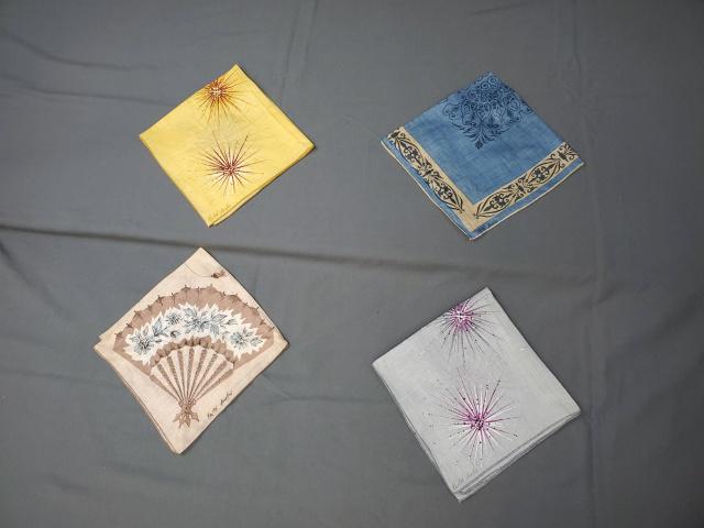 Group of 4 Vintage Linen Designer Handkerchiefs - B: Four vintage linen designer handkerchiefs by Faith Austin. Fan has small pink mark. The other three are in very good condition. We do our best to describe all items in detail and provide pictures. If 