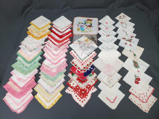 Group of 60 Vintage Handkerchiefs - F: Group of 60 Vintage Handkerchiefs including 31 lace edged including crocheted and tatted, 9 printed including several Valentines Day and Christmas, one signed by Welcher, and two children's handkerchi