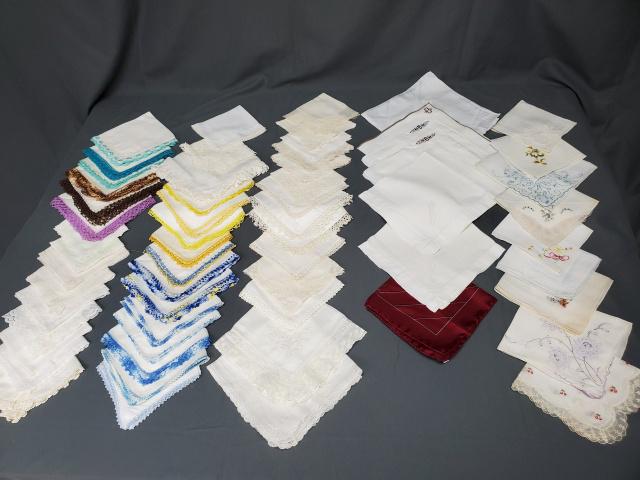 Group of 59 Vintage Handkerchiefs - G: Group of 59 vintage handkerchiefs includes 44 lace edged mostly crocheted with some tatting and machine lace, 9 embroidered, 6 men's style handkerchiefs with the initial B, and one Italian silk handke