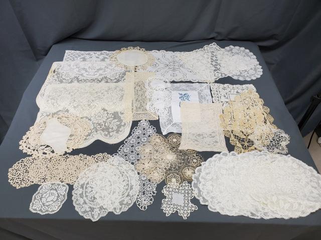 Vintage Lace and Crocheted Doily Group - E: Large Group of 36 Vintage Lace and Crocheted Doilies includes machine filet lace antimacassar pieces and doilies, there are also some bobbin lace doilies, tatted doilies, Battenburg doilies, and Tener