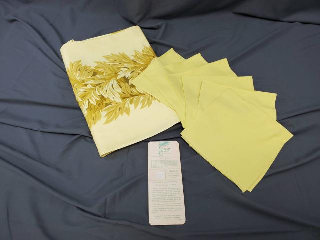 Vintage Printed Tablecloth with Napkins - Acanthus: Vintage Printed Rayon and Cotton Blend Printed Table Cloth measuring 63 x 108 inches in original packaging with 6 matching napkins. Card attached by California Hand Prints Acanthus pattern, Del Mar cl