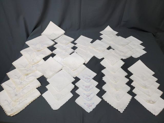Vintage Linen Napkins with Butterflies and more: Large group of 47 vintage linen napkins with 28 having butterfly motifs in hand embroidery and eyelets including many sets. The balance of the napkins have cutwork and needle lace inserts, again many 