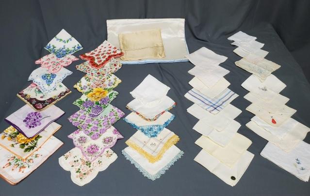Vintage Handkerchiefs and Bags: Group of 37 Vintage handkerchiefs including hand embroidered, drawnwork, lace edged, and plain. Also includes a hosiery bag and handkerchief bag. In overall good condition, many hand spots and discolo