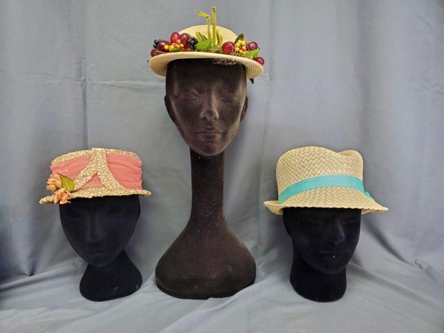 3 Vintage Ladies Straw Hats - Fruit, Ribbon (1 of 17)
