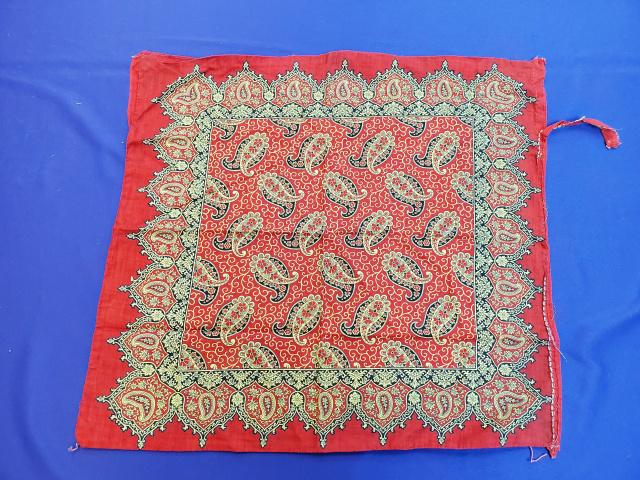 Antique Bandana or Kerchief - Red Paisley: Antique 19th century Bandana or Kerchief measuring 21x22 inches. Turkey Red with black and yellow paisley and Boteh motifs. In good condition, it may have been part of a larger piece, there is evidenc