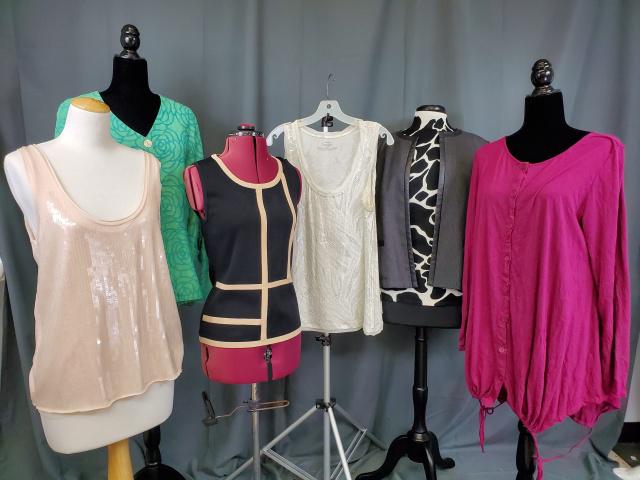 Ladies Size L 7 Pcs Clothing - DKNY, J Crew: 7 pieces of ladies clothing all size Large from 1990-2000. Includes DKNY pin striped blazer with leather edges. 2 sequin tank tops, one by Soma, the other by J Crew, NWT. A green linen floral blazer b