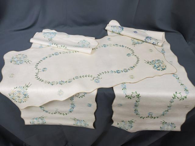 Vintage Dresser Scarves - Aqua: Group of 3 vintage matching linen dresser scarves with hand embroidered flowers, mostly in shades of aqua and grey. One has some darker blue flowers. I do not think they were ever used or laundered. O