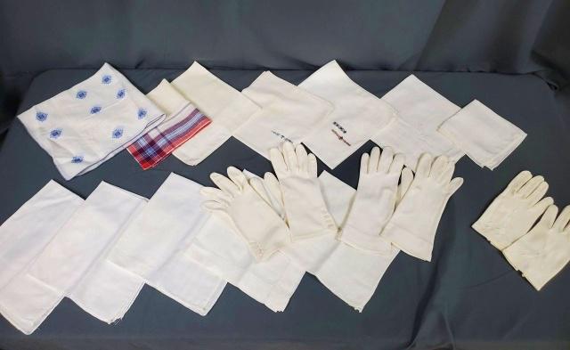 Vintage Handkerchiefs and Gloves: Group of 12 vintage linen and cotton handkerchiefs, mostly plain, but one initial G and another initial T. In good to very good condition with small spots and discolorations. Also 3 pairs of white fab