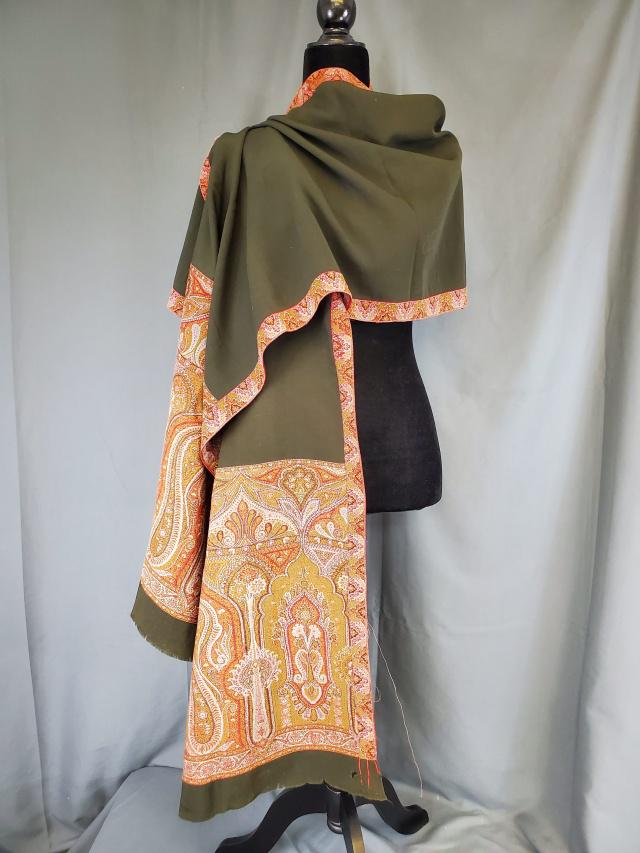 Antique Paisley Shawl Scarf: Antique paisley scarf made out of a one time paisley shawl, measures 19 x 102 inches, in good condition with a light spot in the black field and a small hole by the edge. We do our best to describe al
