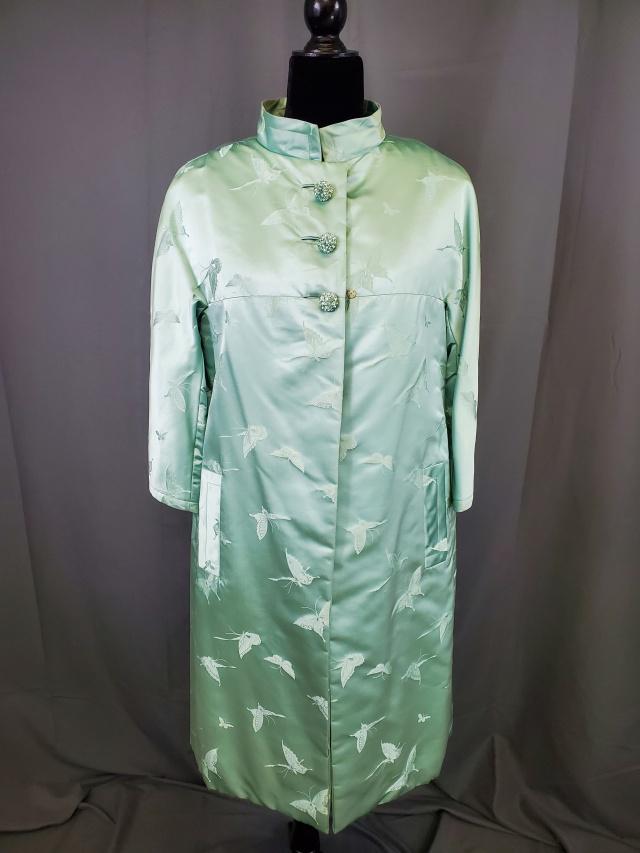 Vintage Dynasty Brocade Dress with Coat: Vintage Dynasty dress with coat, aqua satin brocade sheath dress with butterflies, has a back zip and corded belt, with unique collar style, matching jacket with rhinestone buttons, lined in yellow si