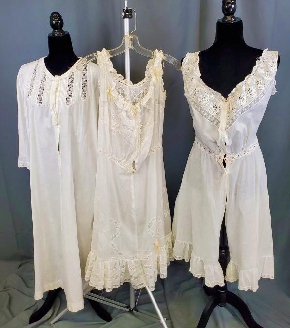 3 Edwardian Whites Undergarments: Includes a combination chemise with attached drawers, with machine made lace, tiny China buttons and pink silk ribbon, in very good condition; a full slip with machine made lace, hand embroidery and i