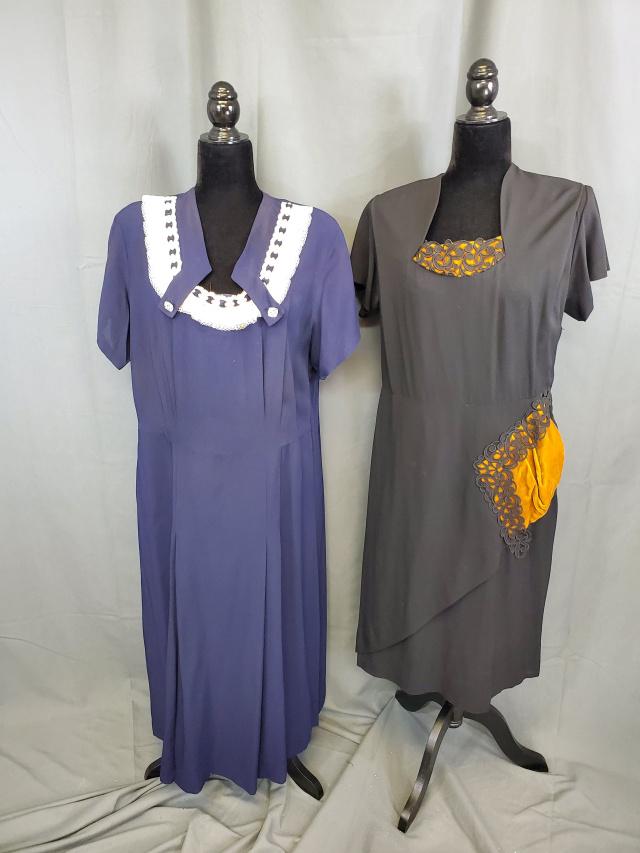 2 Vintage Matron Dresses: Two matron dresses, includes black with gold velvet by Joe Richmond New York, in very good condition, missing belt, measurements while laying flat 21 inch bust, 17 inch waist and 27 inch length from w