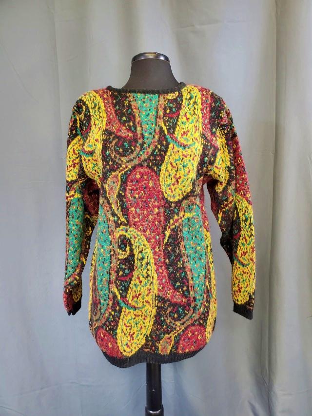 Vintage Ladies Colorful Paisley Sweater - L: Vintage ladies colorful paisley acrylic/nylon sweater by Super Sports in a Size large. Has shoulder pads. In very good condition. This item was part of Laura Fisher's estate. Laura Fisher was a New Yo