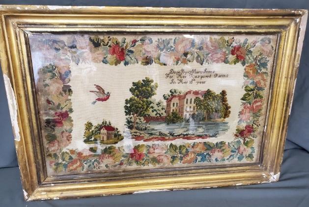 Antique Framed Needlepoint Pictorial by Young Girl (1 of 10)