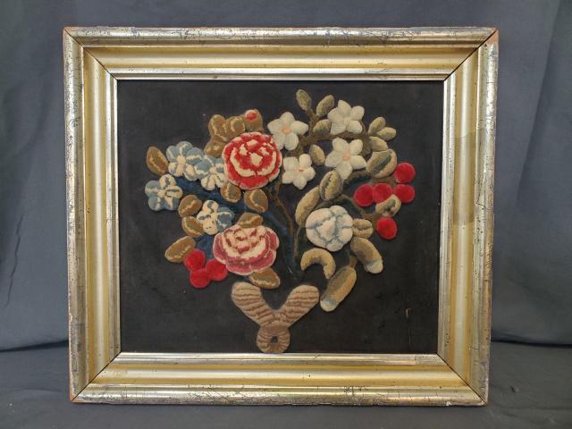 Antique Plush Work Embroidered Picture: Antique plush work embroidered picture on black silk, mounted and framed, no glass. Unusual to find this type of variety and workmanship in this needle art. Frame is in fair condition with nicks and c