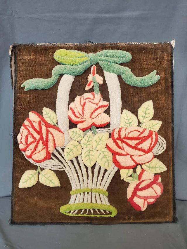 Antique Stump/Plush Work Picture of Basket of Flowers (1 of 7)