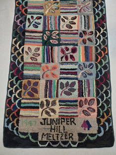 Vintage Folk Art Hooked Rug Bucks Co. Arthur Meltzer: Vintage Folk Art hooked rug runner. Said to have been made for, and perhaps designed by Arthur Meltzer, noted Bucks County, Pennsylvania artist for his home Juniper Hill. Recently one of his paintings