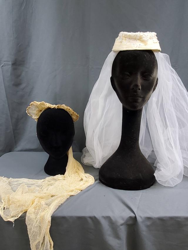 2 Vintage Bridal Veils: 2 vintage bridal veils includes the off pill box style crown with lace, sequins and beads and white tulle veil in very good condition by Miss Lillian for Vogue Bridals. And an antique lace veil with a