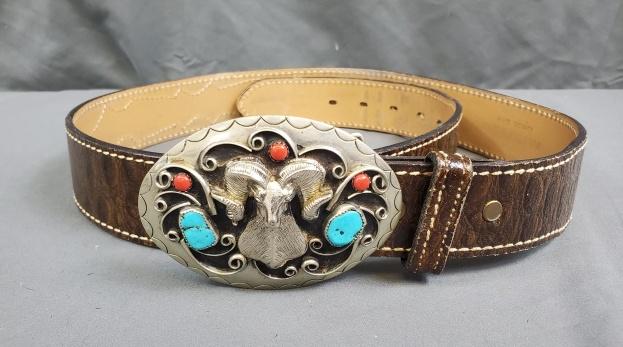 Vintage Cowhide Belt with Turquoise Buckle (1 of 5)