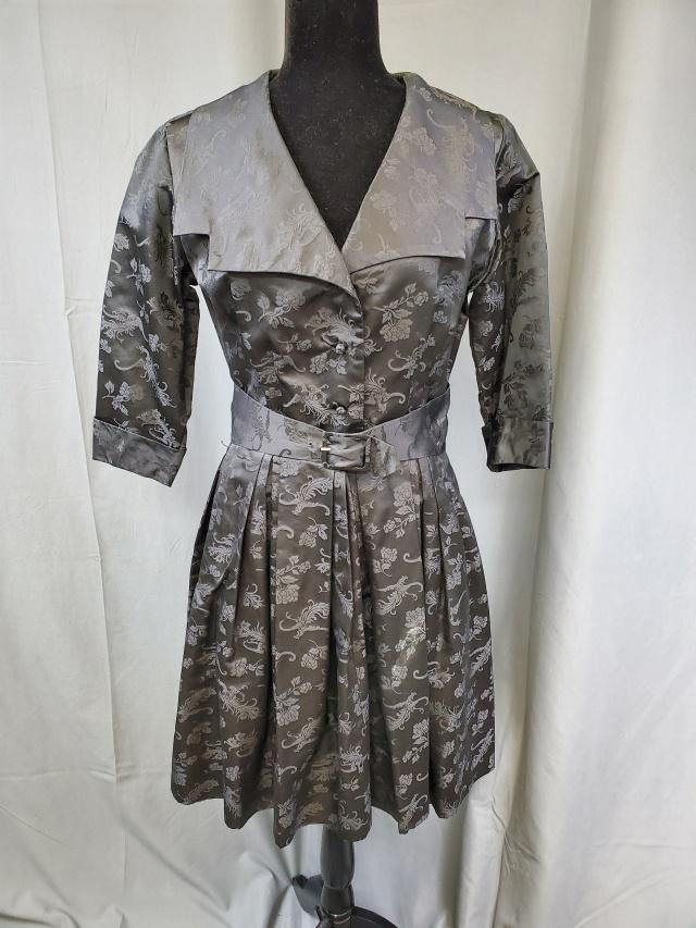 Vintage Black Silk Damask Dress by Dynasty: Vintage black silk damask dress by Dynasty, cute A-line shape with pleated skirt and belt for flattering figure, zipper with buttons in the front, tag by Dynasty Hong Kong British Crown Colony Size 14