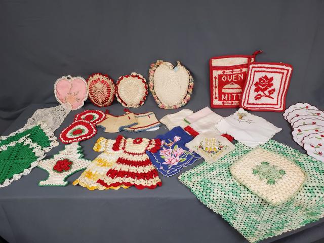 Crocheted Sachets, Potholders, Hankies & More: Includes four vintage sachets, three with crochet and one hand embroidered; six handkerchiefs including cotton, one from Paris, one from Belgium, and a silk one with red crochet; six small cotton doil