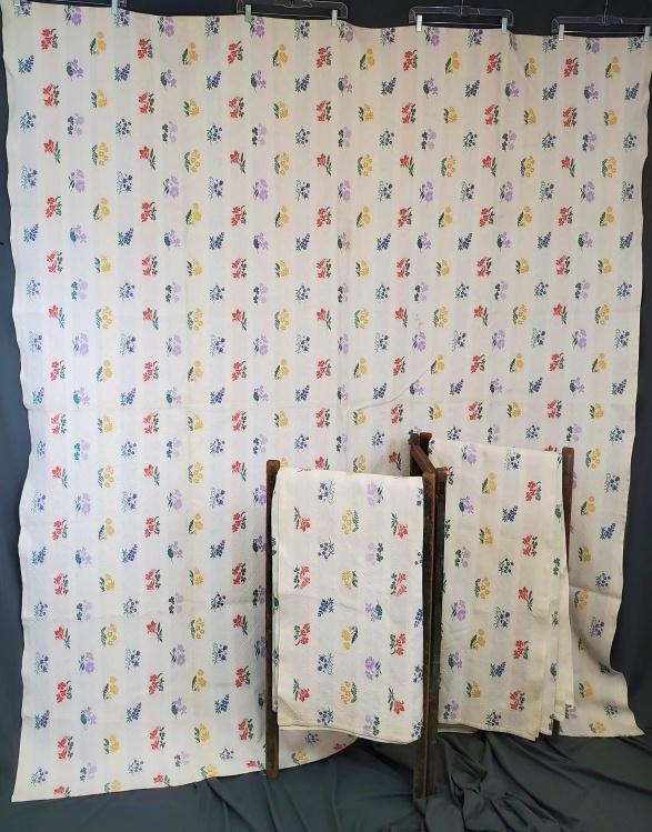 3 Vintage Bates Bedspreads - Flowers: 3 vintage 1940s colorful Bates bedspreads with flowers Spread #1 measures 82 x 95 inches and has some small dirt scuff and spots. Spreads #2 & #3 measure 66 x 100 inches. Spread #2 has some small disc