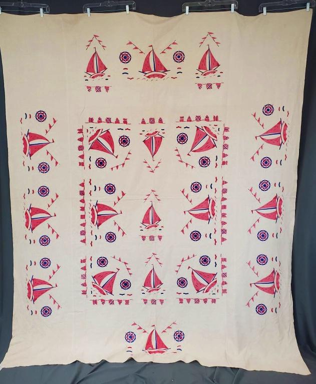 Vintage Hand Stenciled Bedspread -Nautical Sailboats: Vintage cotton bedspread measuring 79x95 inches. It is hand painted by stencil with sailboats, nautical flags, and compasses in red and blue. In good condition with some spots. We do our best to descr