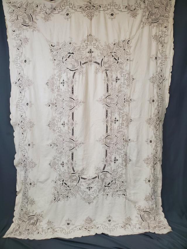 Antique Embroidered Linen Tablecloth with Rooster: Antique natural linen tablecloth measuring 67x94 inches. This tablecloth has it all! Cutwork, embroidery, and drawnwork, and with a unique Rooster element! It is in good condition with some spots. We