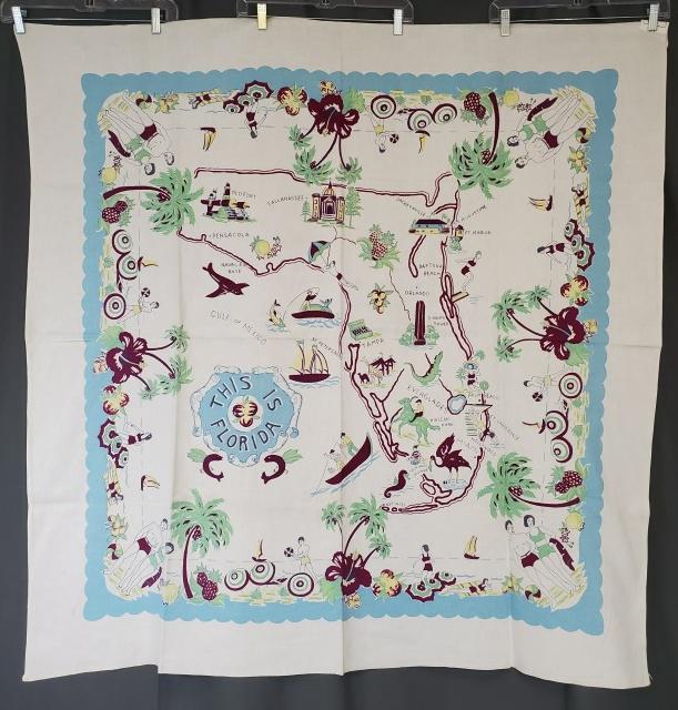 Vintage Printed Florida Tablecloth: Vintage printed souvenir tablecloth from Florida, measuring 49x50 inches. Feels like cotton. In very good condition with some small spots. This item was part of Laura Fisher's estate. Laura Fisher was