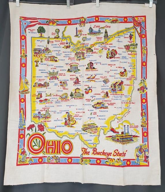 Vintage Printed Ohio Cloth: Vintage printed souvenir small tablecloth or large towel from Ohio, measuring 31x37 inches. Feels like cotton. In good condition with some spots and marks This item was part of Laura Fisher's estate.