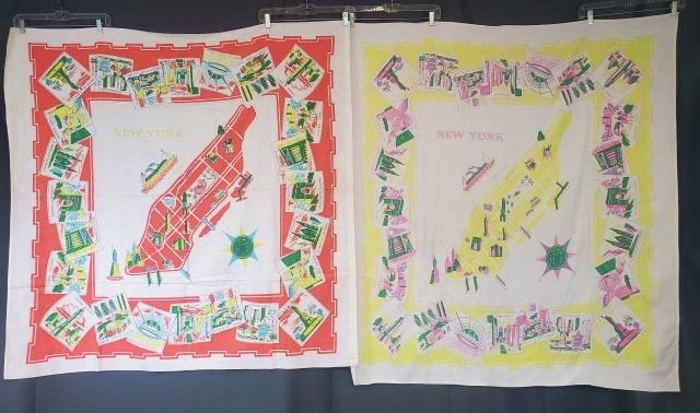2 Vintage Printed NY City Tablecloths: 2 Vintage printed souvenir tablecloths from New York City, same designs in 2 different color ways! One is orange, green and yellow measuring 49x50 inches. Feels like cotton. In very good condition wit