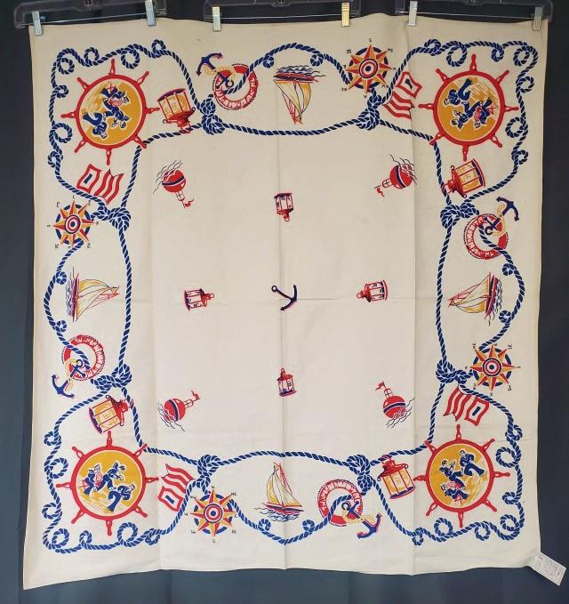 Vintage Printed Tablecloth - Nautical: Vintage printed tablecloth with Nautical theme and sailors, measuring 47x48 inches. Feels like cotton. In very good condition with some small spots.. This item was part of Laura Fisher's estate. Laura