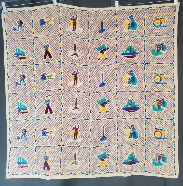 Vintage Printed Tablecloth - French Themes: Vintage printed tablecloth with French themes: countryside, Eiffel Tower, Monuments, people and more, measuring 35x36 inches. Feels like linen. In very good condition. This item was part of Laura Fish