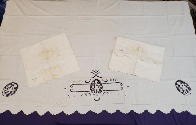Vintage Italian Cutwork Sheet with Pillowcases: Vintage, mid 20th century cotton top sheet measuring 89x99 inches with figural cutwork, by machine. Comes with 4 matching pillowcases. Several pieces are stamped Made in Italy. It appears they were ne