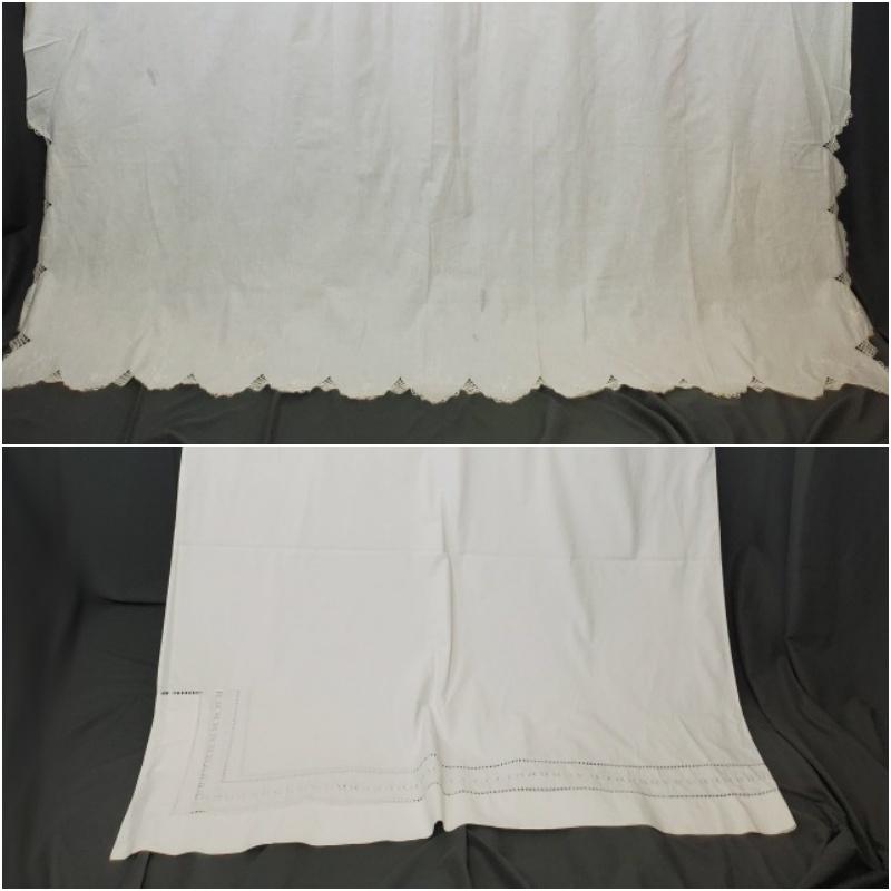 Vintage Sheet with A and Newer Reed Luxury Sheet: Reed Family Luxury 100% Egyptian Cotton Top Sheet from England with Drawnwork along the top edge. Sheet measures 110x108 inches, it was too large to photograph completely open, so you are seeing it in