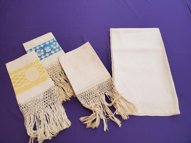 Vintage Damask Linen Lot - 3 Towels, Tablecloth: Vintage damask linen grouping including 3 towels with fringe, 2 of them with color. The natural and yellow are very good condition, the blue with a couple of spots, but they appear to have their origi