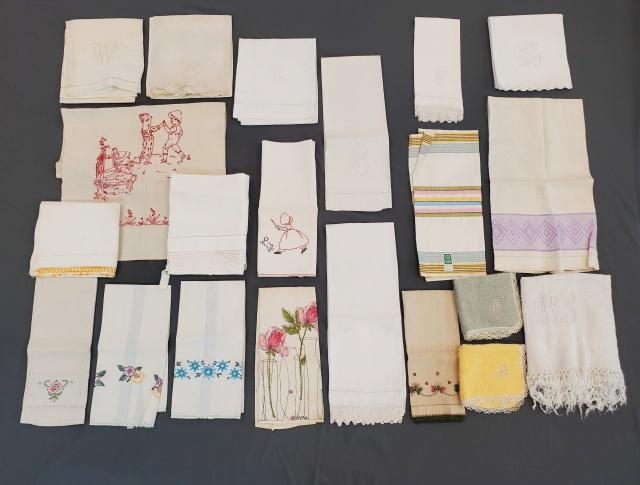 21 Vintage Linen Towels - Vera, Initials, more: 21 vintage, mostly linen, towels. One is printed Vera towel. One is a redwork embroidered towel. There are several with monogram initials: W, B, T and H. There are 2 terry cloth wash cloths, and sever