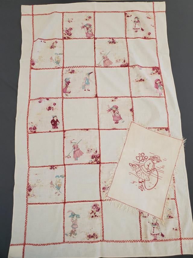 Antique Redwork Embroidery Textiles: 2 Antique Redwork Embroidered Textiles includes a small linen piece with a girl playing a with a hoop, 11.5x16 inches, in very good condition. Along with a patchwork table cover with alternating squar