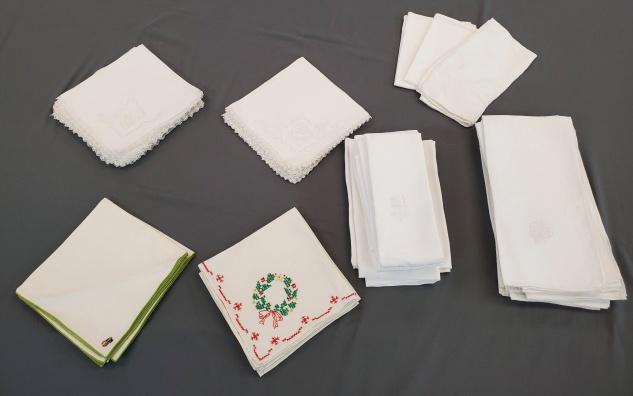 Vintage Napkin Group - Initials and More: Group of Vintage Napkins includes a set of 12 large 26x27 white linen damask napkins monogrammed HMT, in very good condition, with small spots. A set of 7 large 32x33 white linen damask napkins monogr