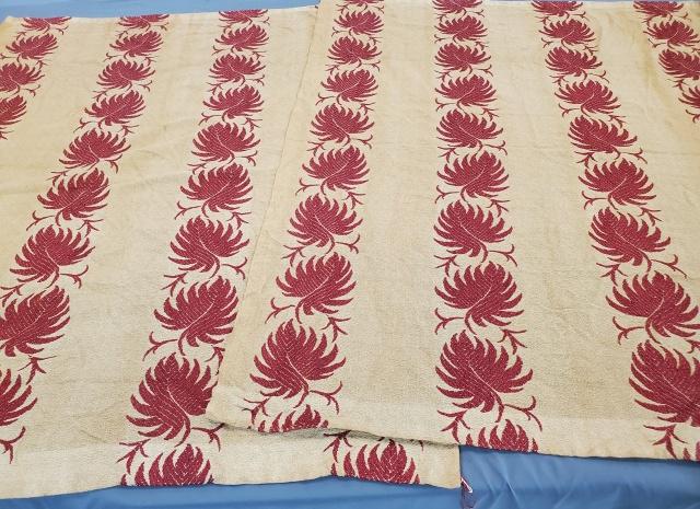 Pair of Vintage Curtain Panels Woven Red Leaves: Pair of vintage curtain panels, possibly cotton and rayon blend with woven red leaves. Each measures about 44x53 inches. Has a nubby texture. In overall good condition no obvious spots or tears, but I