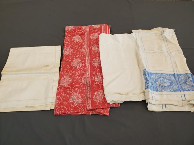 4 Vintage Linen Damask Tablecloths: 4 Vintage Linen Damask Tablecloths includes blue and white damask 50x51, in very good condition. White linen damask with stripe field, 79x79, spots and storage discoloration. Turkey Red Damask, 57x53,