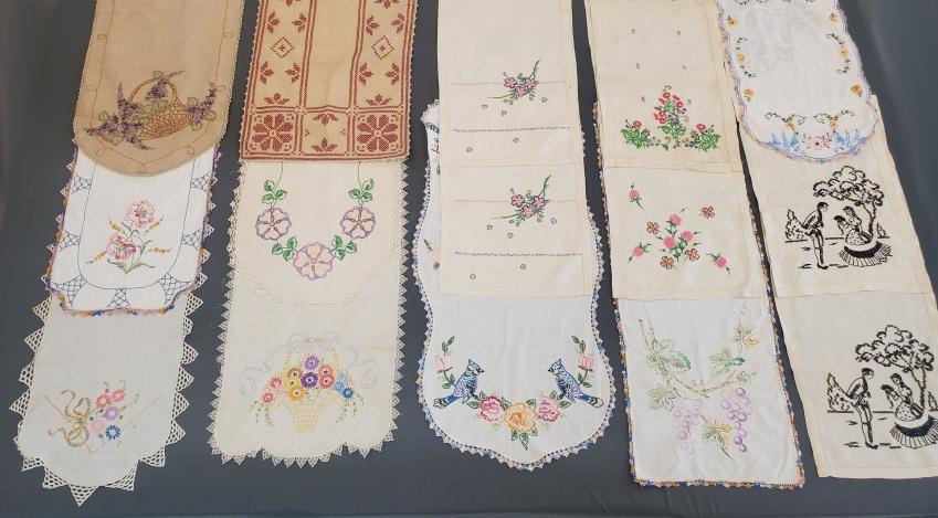 Group of 15 Vintage Hand Embroidered Runners -1: Group of 15 Vintage Hand Embroidered Runners or Dresser Scarves, linen and cotton, all in colorful thread with figures, birds, flowers, and more. All are in good condition with some spots and line dis