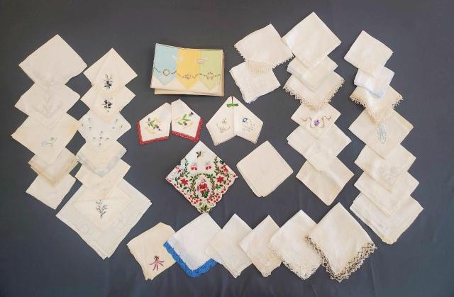Group of 42 Vintage Handkerchiefs: Group of 42 Vintage Handkerchiefs, linen and cotton, mostly embroidered, one printed Christmas, a few initials, tatted edges, and more. In overall good condition a few have spots and line discoloratio