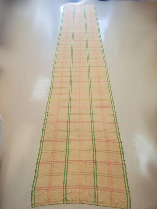 Vintage Fine Plaid Runner: This vintage runner is so soft that it could be made from linen. Natural linen ground with green, pink and peach plaid measuring 39.5 inches wide x approximately 18 feet long. In good condition with a