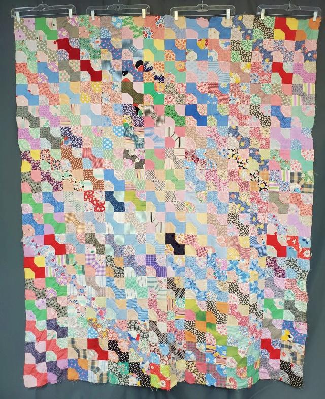 Vintage Bow Tie Quilt Top c1930s: Vintage c1930s bow tie quilt top measuring 65 x 80 inches. Comprised of 238 bow tie blocks about 4.5 x 4.5 inches set straight 14 x 17. Hand pieced. It is just a quilt top with no batting, backing or 