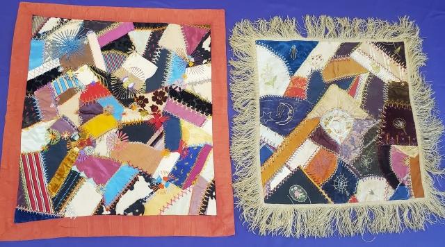 2 Antique Small Crazy Quilts: 2 Antique Small Crazy Quilts, could be used on a table of a pillow lay over, as well. One with orange more fabric border and backing measures 26x28 inches. In fair condition with about 5 fabrics shatt