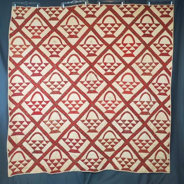 Antique Signature Basket Quilt - NJ: Antique c1850s Basket Quilt with many blocks stamped with names. It measures 82x84 inches. Great variety of turkey red prints. Names include Dr F Soby, Mary Fennimore, WS Fennimore, Al Buck, and more.