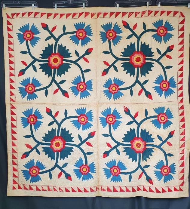 Antique 19th Century 4 Block Applique Quilt: Antique 19th century 4 block applique quilt measuring 72x74 inches. It is listed in Brackman's as pattern number 18.85. It hand pieced, hand appliqued and hand applied red piping between the blocks, a