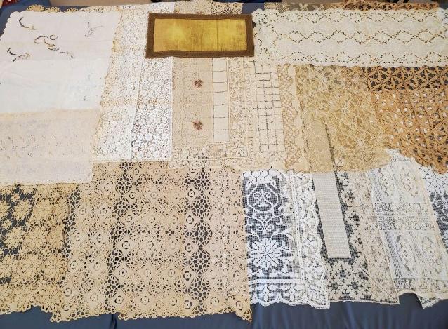 24 Vintage Table Runners - Lace, Crochet, more: A group of 24 vintage dresser scarves of table runners in various lengths. Many are hand crocheted, filet lace, machine lace, and more. Condition is fair to good, all have some spots, discolorations a